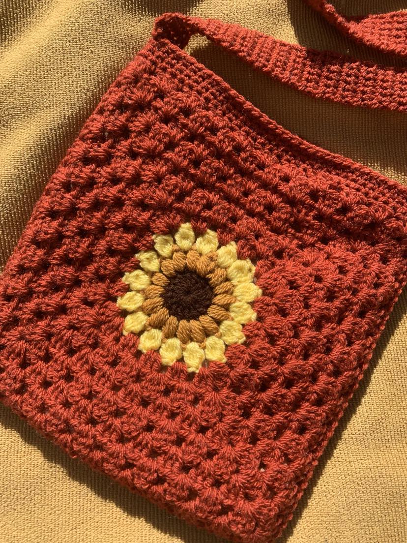 Scrap Yarn Sunflower Granny Square Bag- Rust