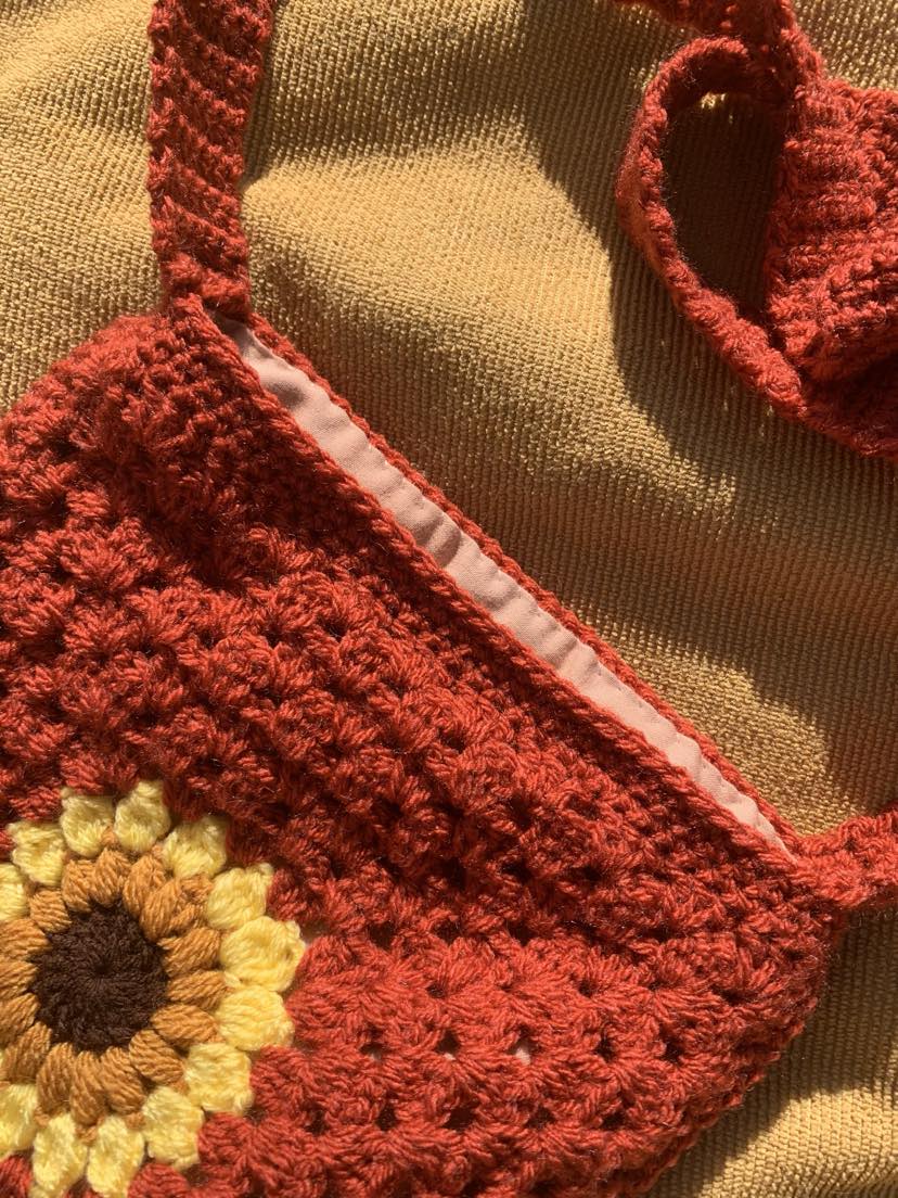 Scrap Yarn Sunflower Granny Square Bag- Rust