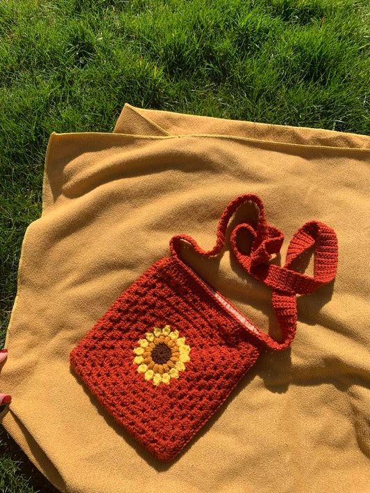 Scrap Yarn Sunflower Granny Square Bag- Rust